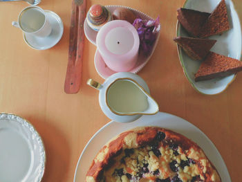 High angle view of breakfast on table