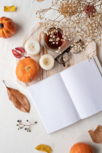 High angle view of opened blank book on table