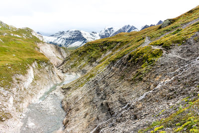 Greina high plateau with stream in swiss alps