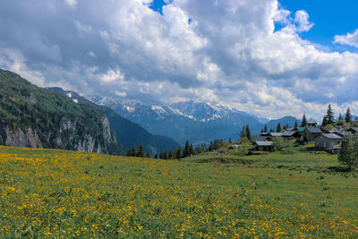 Scenic view of field against cloudy sky