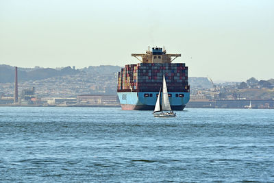 Ship sailing in sea against clear sky