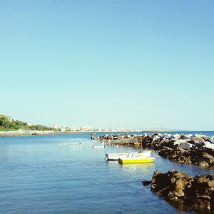 Scenic view of sea against clear blue sky