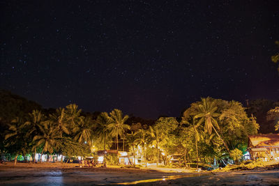 Illuminated street amidst trees against sky at night