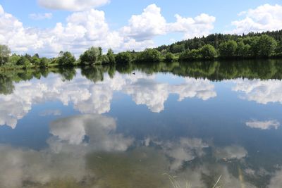 Reflection of trees in lake against sky
