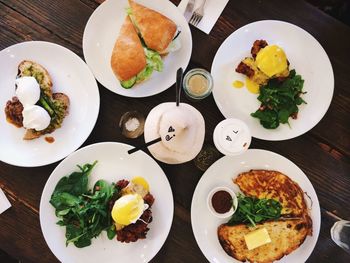 High angle view of brunch served on table