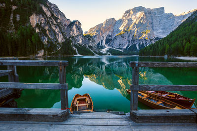 Scenic view of lake by mountains against sky