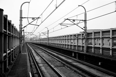 Railroad station platform against clear sky