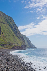 Scenic view of sea and mountains against sky