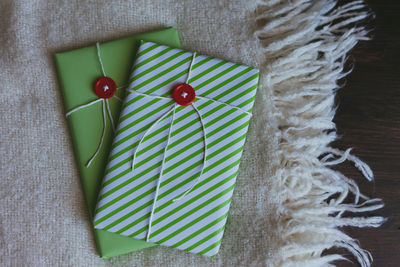 High angle view of christmas gifts on table