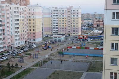 High angle view of buildings in city