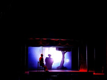 Silhouette people standing against illuminated window at night