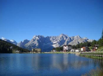 Scenic view of lake by buildings against clear blue sky