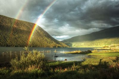 Scenic view of rainbow over lake against sky