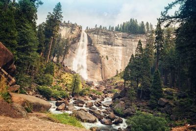 Scenic view of waterfall in forest against sky