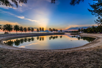 Scenic view of lake against sky during sunset