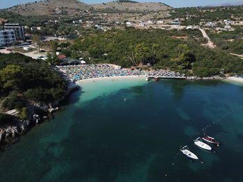 High angle view of sea by trees