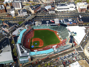 High angle view of stadium amidst buildings in city