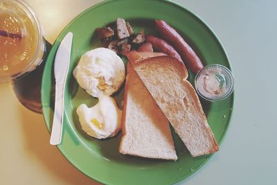 High angle view of breakfast served on table