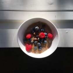High angle view of strawberries in bowl