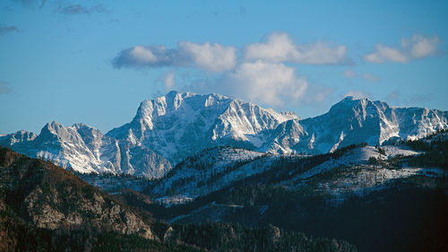 Panoramic view of snowcapped mountains against sky