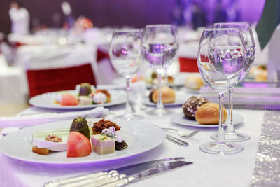 High angle view of food served on table