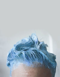 Close-up of woman with blue dyed hair against white background