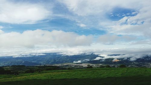 Scenic view of agricultural field against sky