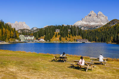 Scenic view of sea against clear blue sky