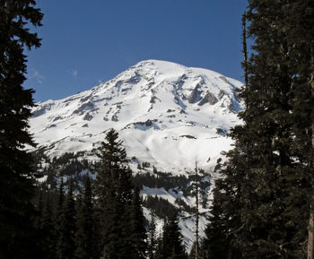 Scenic view of snowcapped mountains against clear sky