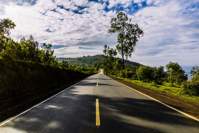 Empty road along plants and trees against sky