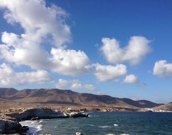 Scenic view of mountains against cloudy sky