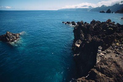 High angle view of rocks in sea against sky