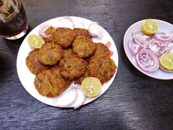 High angle view of food in plate on table