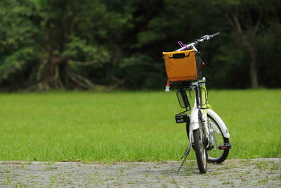 Low angle shot of bicycle with packet in the basket parked in park