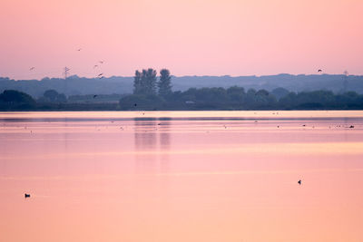 Scenic view of lake against clear sky during sunset