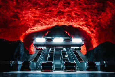 Interior of illuminated subway station