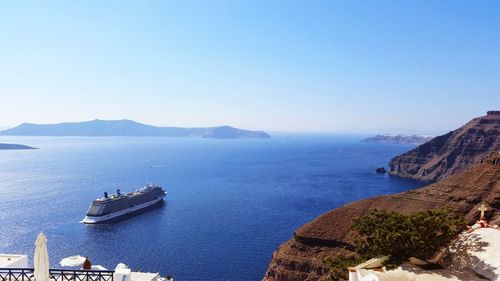 High angle view of bay against clear sky