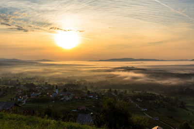 High angle view of landscape against sky during sunset