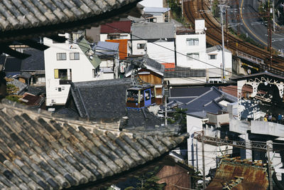 High angle view of houses in town