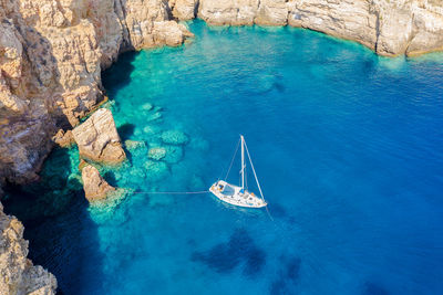 High angle view of sailboat in sea