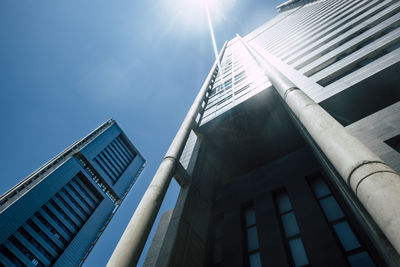 Low angle view of modern buildings against sky in city