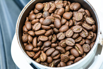 High angle view of coffee beans in container