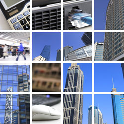 Digital composite image of modern buildings against blue sky