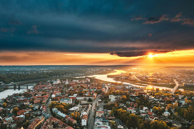 High angle view of townscape against sky at sunset