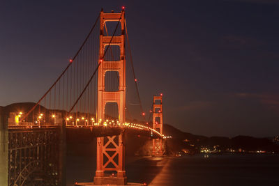 Illuminated suspension bridge at night