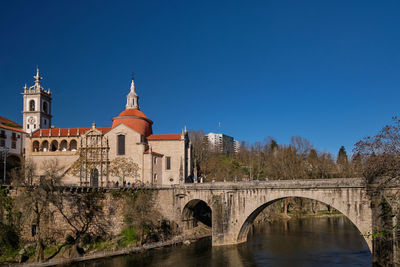 Low angle view of historic building against clear blue sky