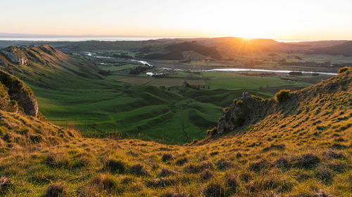 High angle view of landscape against sky during sunset