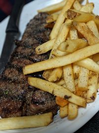 Close-up of burger with meat and fries in plate