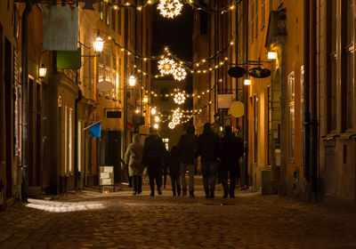 Rear view of people walking on illuminated street at night