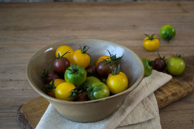 High angle view of cherry tomatoes in bowl on table